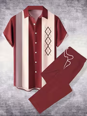 Men's Summer Casual Striped Geometric Pattern Short Sleeve Shirt + Pants Trendy Retro Two-Piece Set - Image 6
