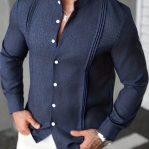 Men'S Solid Color Stand Collar Single-Button Long Sleeve Shirt, Spring Summer, Old Money Style