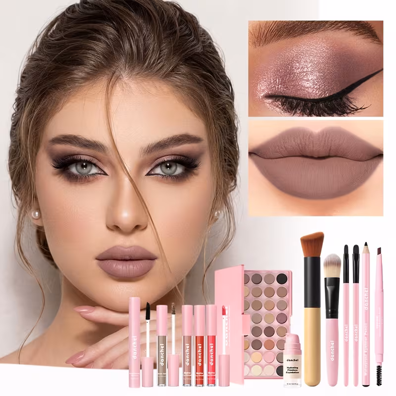 All-In-One Eye, Lip And Base Makeup Set, 40-Shade Eyeshadow Palette, Waterproof Eyebrow Pencil, Brow Gel, Smudge-Proof Eyeliner And Lengthening Mascara, 3-Color Matte Lip Cream Flawless Foundation, with 4 Pro Makeup Brushes, for Women