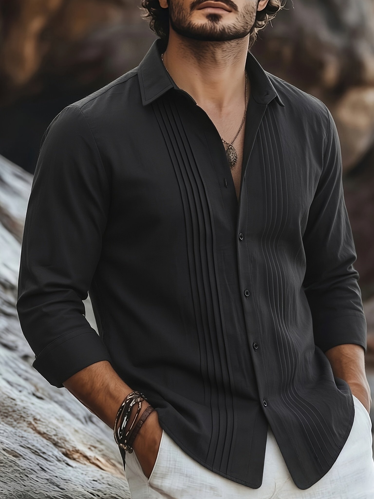 Men's Linen Guayabera Shirt with Lapel Collar & Button Front Panel - Accordion Pleat Chest Texture, Long Sleeve Button-Front Closure Suitable for Beach, Casual, -Casual Wear, Year-Round Versatile Formal & Everyday Button-Up Shirt - Image 11