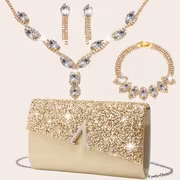 4pcs Rhinestone Jewelry Shiny Necklace Earrings Bracelet Set Women's Evening Clutch Party Bridal Purse New Sparkling Glitter Elegant V-shaped Flip Cover Envelope Handbag Handheld Evening Metal Chain Bag Purse Wedding Party Bag for Women And - Image 2