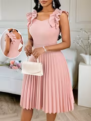 Women's Elegant New Pink Ruffle Pleated Fashion Mini Dress, Pleated Dress Suitable for Holiday Parties, Back-to- Season, and Various Occasions - Image 3