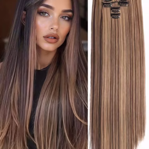 7 Pieces/Set 16 Clip Hair Extensions Black Long Straight Hair Natural Gradual Change Wig Heat Resistant Fiber Women's Hairstyle