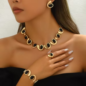 4pcs/set Women's Fashion Simple Necklace Earrings Bracelet Ring Set Geometric Oval Black Acrylic Inlaid Spiral Splicing Beaded Pendant Necklace Bracelet Ear Stud Ring Bohemian Style Spiral Design Jewelry Set