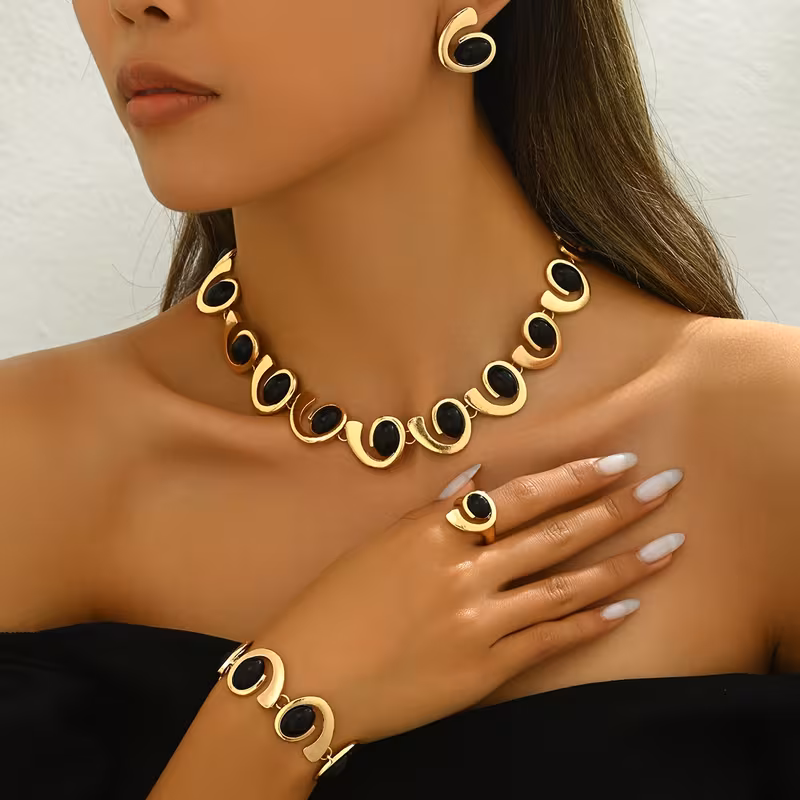 4pcs/set Women's Fashion Simple Necklace Earrings Bracelet Ring Set Geometric Oval Black Acrylic Inlaid Spiral Splicing Beaded Pendant Necklace Bracelet Ear Stud Ring Bohemian Style Spiral Design Jewelry Set