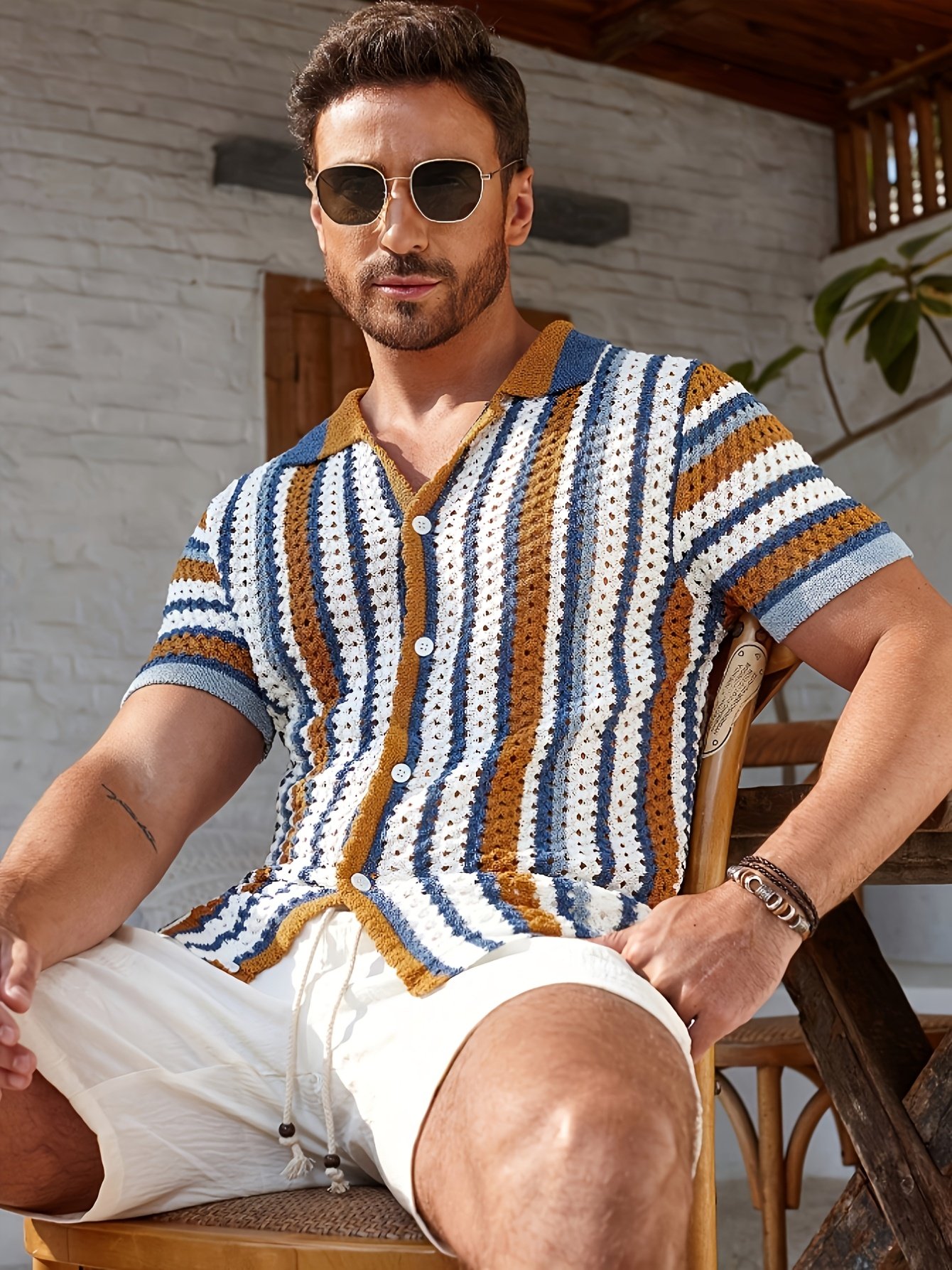 Men's Color-Block Striped Pattern Front-Button Short-Sleeve Knit Top, Summer Men's Shirt, Men's Vacation Wear Striped Knitwear - Image 2