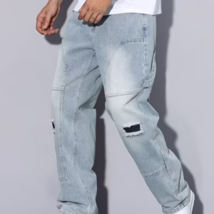 Classic Vintage-Style Men'S Distressed Jeans, Featuring a Light Color Design with Patch Elements, High-Quality And Suitable for All Seasons, Highly Recommended for Collection