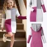 Girls' Knit Hooded Patchwork Contrast Dress, Knee-Length Fitted Soft Comfortable Fabric, Suitable for Daily Casual, Outdoor Activities, Inner And Outer Wear, Holiday Gift, for Outdoor