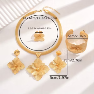 Five-piece gorgeous exaggerated style wedding bride Wedding jewelry Hollow flower necklace Ring bracelet earrings Luxury Golden jewelry set suitable for women party holiday wear