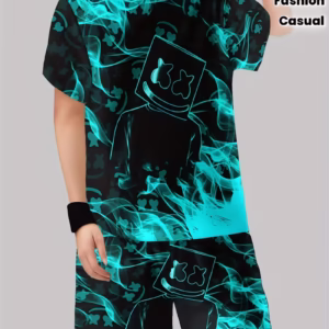 Boys Suit Fashion 3D Printed Casual Pullover Short Sleeve Shorts T Sweatshirt, Boys Outdoor T-Shirt Shorts Set, for Outdoor
