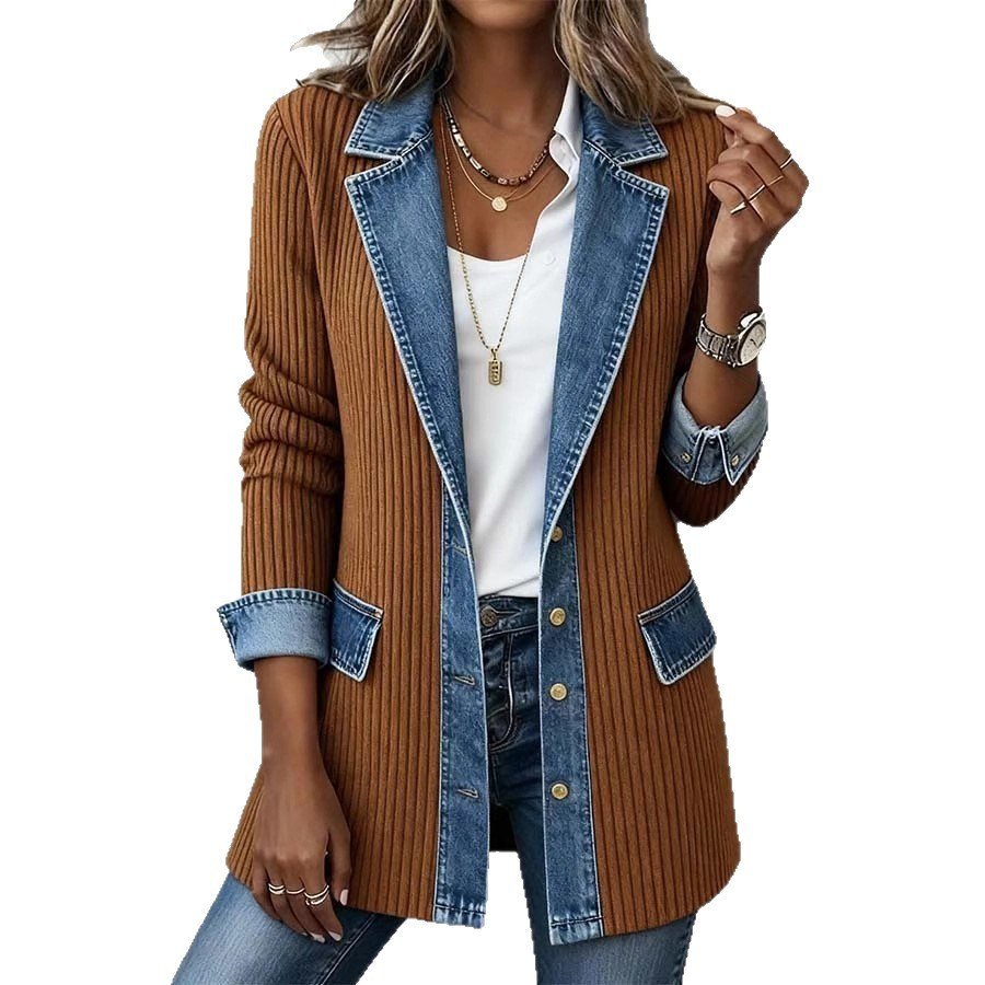 Womens Casual Denim Patchwork Ribbed Lapel Jacket Suit - Image 2