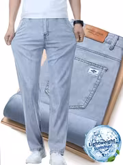 High-End Ice Silky Fiber Fabric Men's Jeans, Summer Lightweight Loose Straight-Leg Tencel Pants, Stretchy Casual Long Pants, Breathable and Sweat-Free, Light Wash Colorfast for Daily Commute Wear, Men's Light Business Style Trousers - Image 2