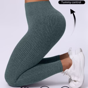 Women'S High-Waisted Seamless Tight-Fit Full-Length Leggings - Soft Breathable 4-Way Performance Pants with Non- Fabric for Yoga, Running, Gym, Squash & Casual Attire - Elastic Waist (No Needed) -Ribbed Texture - All-Season Athletic
