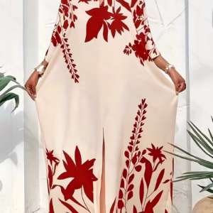 Plus Size, Plus Size Women's Elegant Printed V-Neck Slit Batwing Sleeve Dress