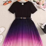 Girls' Fashionable Elegant Summer Watercolor Gradient Short Sleeve Dress, Teenager Summer Comfortable Breathable Sweat-Absorbing Thin Summer Skirt, Clothing Matching Belt Medium to Large Round Neck Mature Party Pleated Skirt, Sweat-Resistant