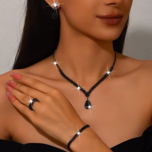 Fashionable Women's Teardrop Pendant Gun Black Necklace, Earrings, Bracelet, and Ring Set, Suitable for Prom and Party Accessories