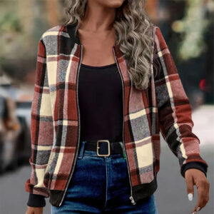 Womens Plaid Printed Long-Sleeve Zip-Up Jacket