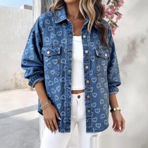Womens Retro Full Print Heart Jacquard Denim Jacket