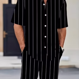 2pcs Men'S Shirt Set, Urban Men'S Black And Gray Striped Print Men'S Cuban Collar Short-Sleeved Shirt, Long Pants, Casual Home Pajamas Style Casual Set