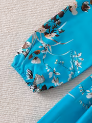 Girls' Fashion Versatile Elegant Lake Blue Floral Print Long Sleeve Waist-Cinching Pleated Dress Suitable for Outdoor Commuting Gatherings Travel Holiday Gift - Image 4