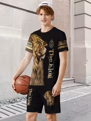 Boys' Summer Set, Fashionable Lion and Letter Print Pattern, Teenagers' Fashionable Shorts Set, Short Sleeved T-shirt and Loose Shorts 2pcs Set, Daily Wear, Comfortable Youngsters's Casual Outdoor Set, Perfect for Outdoor, for Teenager - Image 3