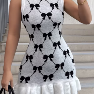 French-Style Bow Tie Color-Blocked Ruffled Round Neck Sleeveless Elegant Pleated Dress Short A-Line Skirt