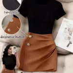 Women'S Two-Piece Set, Stylish And Elegant Round Neck Short Sleeve Top with Fake Button Midi Skirt, New Spring-Summer Arrival