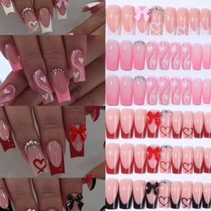 96pcs (4 Mixed Styles) Long Coffin & Heart Shaped Nail Art, 3D Rhinestone Bow French Manicure, Medium Press-On Acrylic False Nails Set, Includes 1 Bottle Of Gel Polish And 1 Nail File, Suitable For Valentine's Day, French Manicure, Women & Girls Daily, Party, Nail Art Supplies