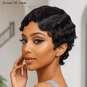 Retro Finger Wave Wigs, 4-Inch Short Curls for Elegant Ladies, Glueless Human Hair Wig, for Role Playing, Short Finger Wave Wig, Pixie Cut Machine Wigs, Music Festivals An