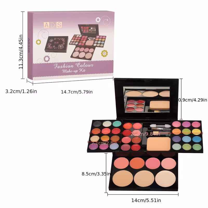 9-Color -in- Makeup Palette with Brush Applicator - 24 Eyeshadows, 4 Blush Shades, 3 Powder Foundations & 8 Lip Glosses Suitable for Daily to Dramatic Looks, Multi-Use for Eyebrow, Blending & Coverage