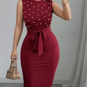 Women's Dress, Solid Color, Round Neck, Sleeveless, Tie-waist, Elegant Women's Dress, Beaded Details, Elegant and Stylish, Suitable for Going Out, Dates, Parties, Travel and Parties, Elegant Women's Dress.