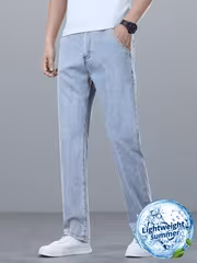 High-End Ice Silky Fiber Fabric Men's Jeans, Summer Lightweight Loose Straight-Leg Tencel Pants, Stretchy Casual Long Pants, Breathable and Sweat-Free, Light Wash Colorfast for Daily Commute Wear, Men's Light Business Style Trousers - Image 3