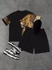 Boys' Summer Set, Fashionable Lion and Letter Print Pattern, Teenagers' Fashionable Shorts Set, Short Sleeved T-shirt and Loose Shorts 2pcs Set, Daily Wear, Comfortable Youngsters's Casual Outdoor Set, Perfect for Outdoor, for Teenager - Image 6