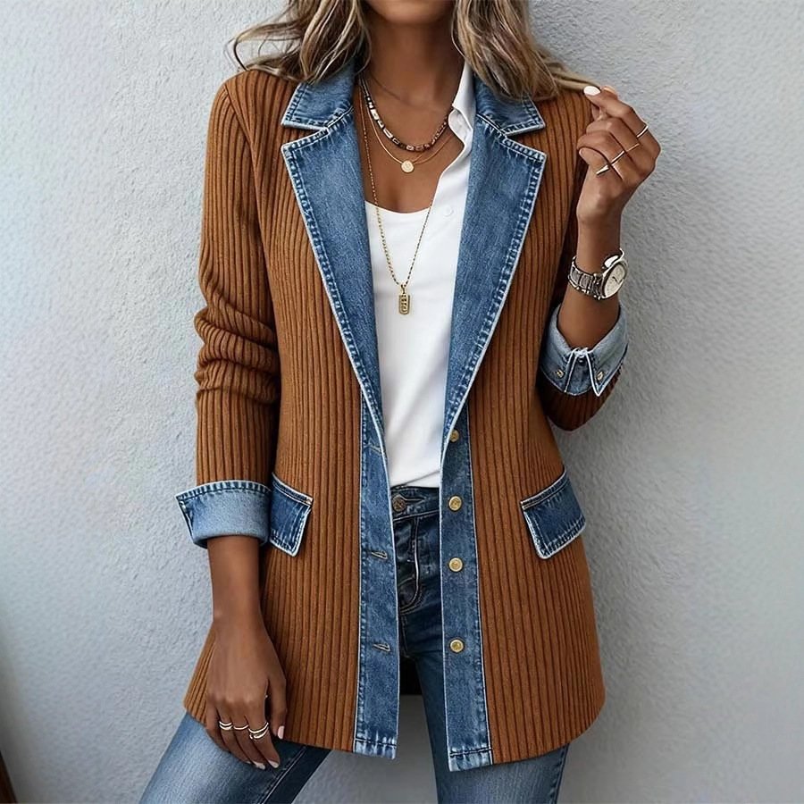Womens Casual Denim Patchwork Ribbed Lapel Jacket Suit - Image 5
