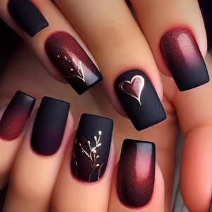 Show Your Beauty 24pcs Medium Square Elegant Cool Wine Red to Black Ombre Smudged Golden Leaf Heart Striped Glossy French-Style False Nails, Fashionable and Versatile Press-On Nails Suitable for Valentine's Day, Spring and Summer for Women