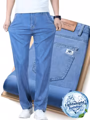 High-End Ice Silky Fiber Fabric Men's Jeans, Summer Lightweight Loose Straight-Leg Tencel Pants, Stretchy Casual Long Pants, Breathable and Sweat-Free, Light Wash Colorfast for Daily Commute Wear, Men's Light Business Style Trousers - Image 8