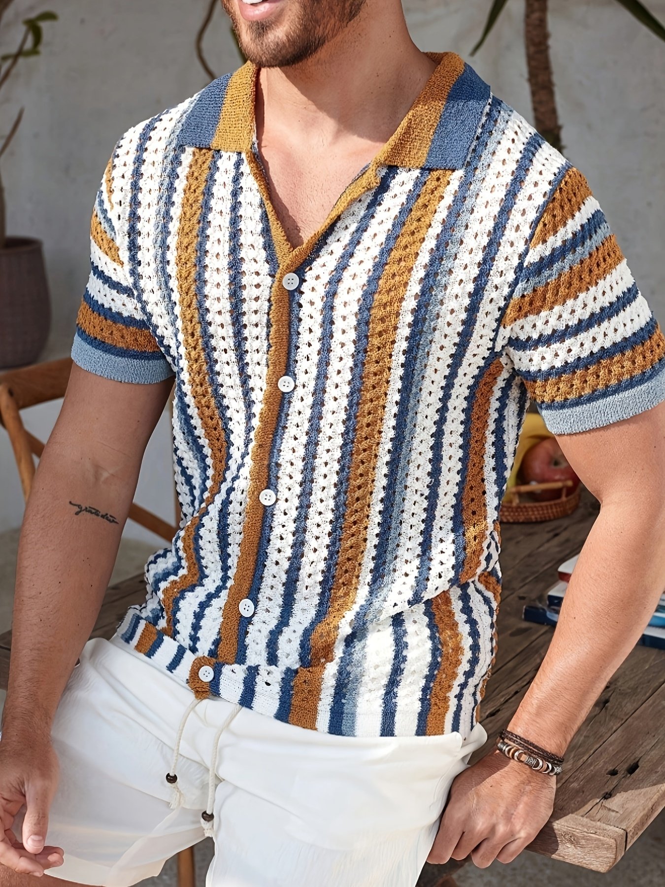 Men's Color-Block Striped Pattern Front-Button Short-Sleeve Knit Top, Summer Men's Shirt, Men's Vacation Wear Striped Knitwear - Image 3