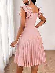 Women's Elegant New Pink Ruffle Pleated Fashion Mini Dress, Pleated Dress Suitable for Holiday Parties, Back-to- Season, and Various Occasions - Image 5