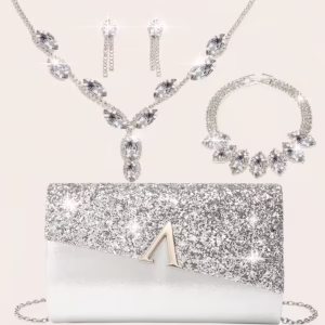 4pcs Rhinestone Jewelry Shiny Necklace Earrings Bracelet Set Women's Evening Clutch Party Bridal Purse New Sparkling Glitter Elegant V-shaped Flip Cover Envelope Handbag Handheld Evening Metal Chain Bag Purse Wedding Party Bag for Women And