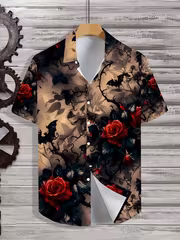 Men'S Fashion Rose Print Short Sleeve Shirt - Black Hawaiian Casual Button-Up, Unique Floral Design, Casual Shirt, Lightweight Shirt - Image 2