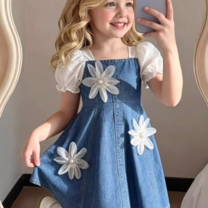 Blue,Summer,Fairy,Back-To-School Polka Dot Bohemian Soft Elegant Casual One-Piece Dress For Young Girls With White Puff Sleeves School