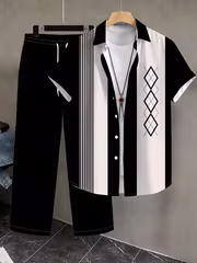 Men's Summer Casual Striped Geometric Pattern Short Sleeve Shirt + Pants Trendy Retro Two-Piece Set - Image 9