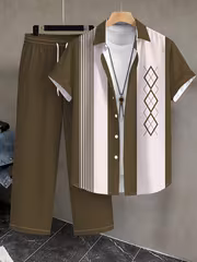 Men's Summer Casual Striped Geometric Pattern Short Sleeve Shirt + Pants Trendy Retro Two-Piece Set - Image 11