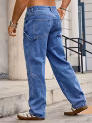 Men's Multi-Pocket Casual Jeans- Loose Fit Blue Jeans with Utility Multi-Pocket & Strap Detail, Comfortable Casual Wear for Daily, Street, and Outdoor, All-season Comfort - Image 5