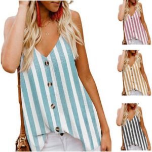 Camisole Striped V-Neck Buttoned Sleeveless Shirt Women's Tank Top