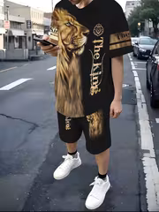 Boys' Summer Set, Fashionable Lion and Letter Print Pattern, Teenagers' Fashionable Shorts Set, Short Sleeved T-shirt and Loose Shorts 2pcs Set, Daily Wear, Comfortable Youngsters's Casual Outdoor Set, Perfect for Outdoor, for Teenager - Image 2