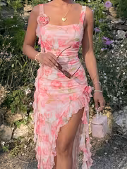 Women'S Romantic Print Dress, Suitable for Dates, Valentine'S Day, Spring And Summer, Weddings, Birthdays, And Other Occasions. Pink-Toned Printed Dress, Pink Bodycon Dress, Pleated Dress, Pink Floral Dress, Rose Dress - Image 2
