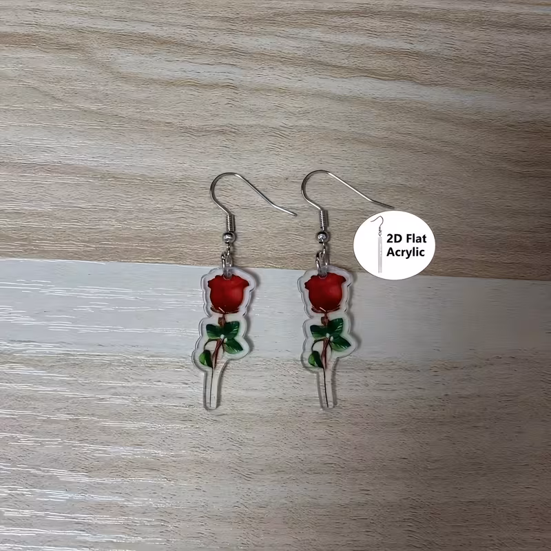 2D Flat - 2D Graduation Season Fun Fashion Exquisite Elegant Charming Red Rose Acrylic Lightweight Durable Pendant Women'S Ear Jewelry, Exquisite Design Individual Fashion