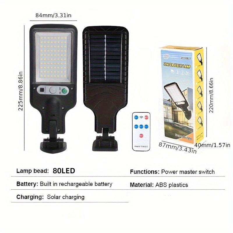 80LED Solar Intelligent Induction Street Light, Super Bright, with Remote Control, Single Pack, ABS Material, No Charging Required, Ultra-High Power Built-In Rechargeable 18650 Lithium Battery, 1200Mah Battery - Image 3