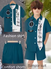 Music-Themed Kids' Short-Sleeve Shirt Set - Stylish and Comfortable for Summer Outings, Perfect for Music Events or as a Gift, Perfect for Outdoor - Image 2